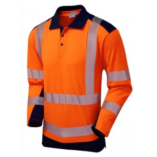 Leo Workwear P15-O/NV Wringcliff EcoViz Coolviz Plus Sleeved Polo Shirt Orange/Navy